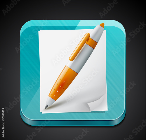 Vector: Mobile app icon - pen, pages and glass surface Mobile app icon - pen, pages and glass surface