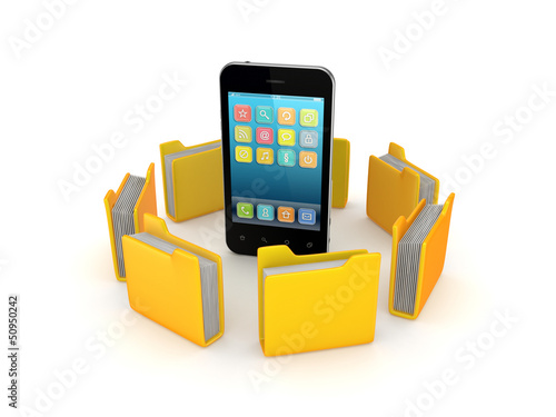 Illustration: Yellow folders around mobile phone. Yellow folders around mobile phone.