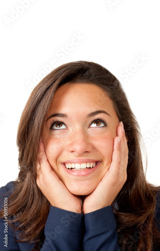 Photo: closeup of brunette girl, isolated on white background closeup of brunette girl, isolated on white background