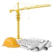 Drawings, tower crane and helmet