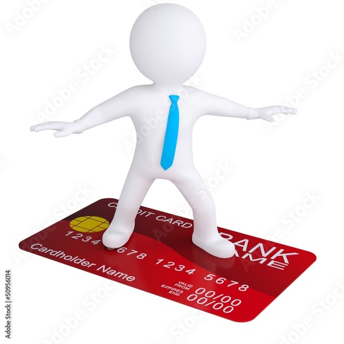 Illustration: 3d white man standing on a credit card 3d white man standing on a credit card