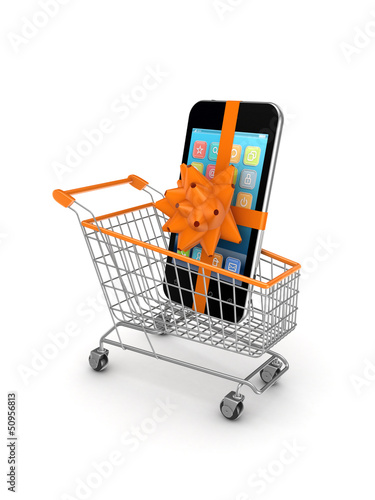 Illustration: Mobile phone in a shopping trolley. Mobile phone in a shopping trolley.
