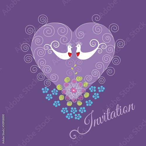 Vector: Purple invitation with two love birds, heart and flowers Purple invitation with two love birds, heart and flowers