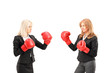 Businesswomen with boxing gloves having a fight