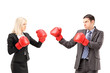Young businesspeople with boxing gloves having a fight