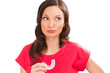 Closeup portrait of charming woman wearing orthodontic braces ho