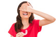 Closeup portrait of charming woman wearing orthodontic braces ho