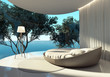 Atmospheric contemporary bedroom, round bed and outdoor view