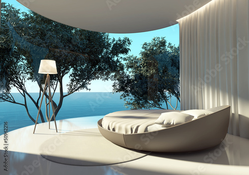 Illustration: Atmospheric contemporary bedroom, round bed and outdoor view Atmospheric contemporary bedroom, round bed and outdoor view