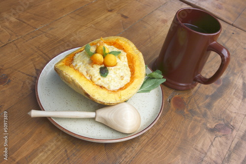 Photo: Russian fasting dish - pumpkin with porridge and a cup of kvass Russian fasting dish - pumpkin with porridge and a cup of kvass