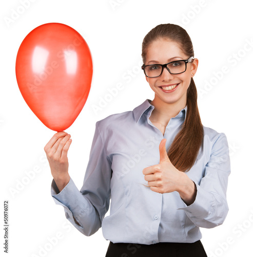 Photo: Girl with inflated balloon shows that all great Girl with inflated balloon shows that all great