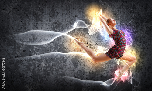 Photo: Girl in color dress dancing.Collage Girl in color dress dancing.Collage