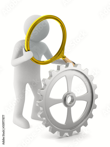 Illustration: Man with magnifier on white background. Isolated 3D image Man with magnifier on white background. Isolated 3D image