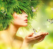 Spring Woman. Summer Girl with Grass Hair and Green Makeup
