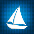 White stylized sailing boat on blue background.