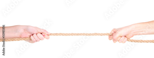 Photo: Hands pull rope isolated on white Hands pull rope isolated on white