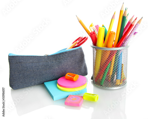 Photo: pencil box with school equipment isolated on white pencil box with school equipment isolated on white
