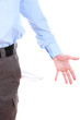 Business man showing his empty pocket, isolated on white