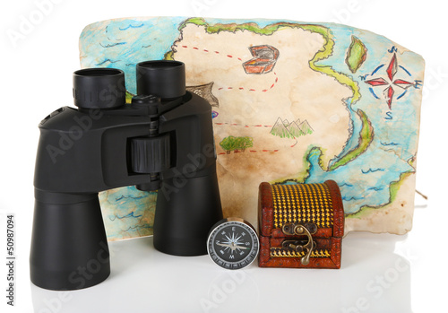Photo: Black modern binoculars with map and compass isolated on white Black modern binoculars with map and compass isolated on white
