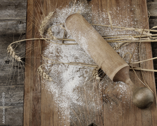 Photo: Wooden Rolling Pin, Flour And Wheat Wooden Rolling Pin, Flour And Wheat