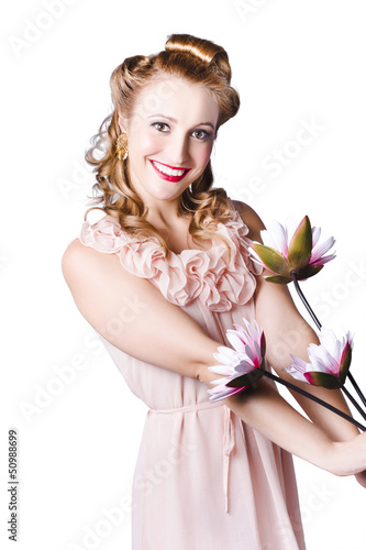 Photo: Woman in negligee with lillies Woman in negligee with lillies