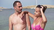 Happy couple stand by the sea, super slow motion