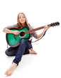 Beautiful girl with guitar  on white background