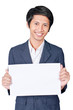 A man is holding an A4 piece of paper, for your message.