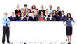 Business people team with banner.