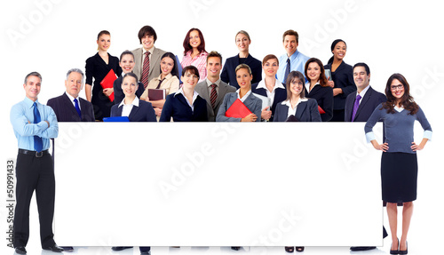 Photo: Business people team with banner. Business people team with banner.