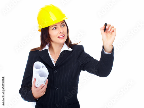 Photo: Engineer woman writing on white backgorund. Engineer woman writing on white backgorund.