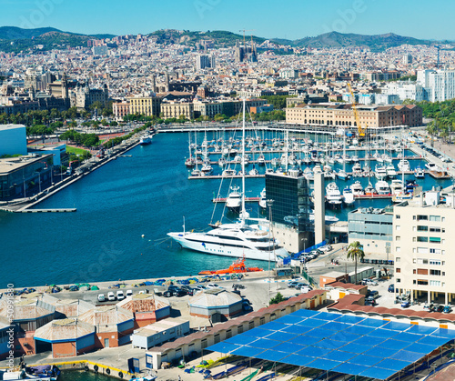 Fototapeta Aerial view of the Harbor district in Barcelona, Spain