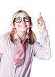 Brainy business woman pointing to copyspace