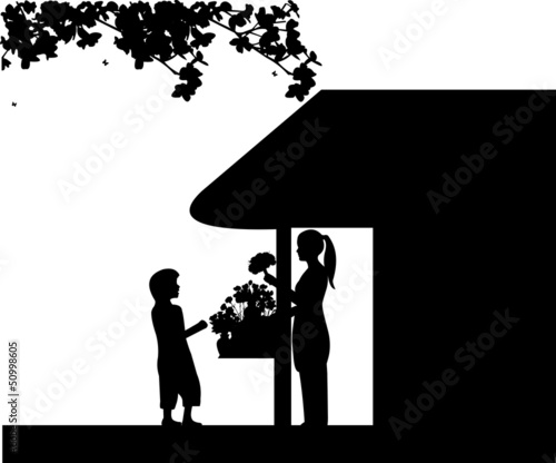 Vector: Florist girl holding a flowers in flower shop and sales the boy Florist girl holding a flowers in flower shop and sales the boy