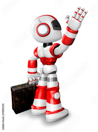 Illustration: Wave down the Red robot character is carrying a bag. Create 3D H Wave down the Red robot character is carrying a bag. Create 3D H