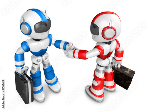 Illustration: Shake hands Blue robot and Red robot facing each other. Create 3 Shake hands Blue robot and Red robot facing each other. Create 3