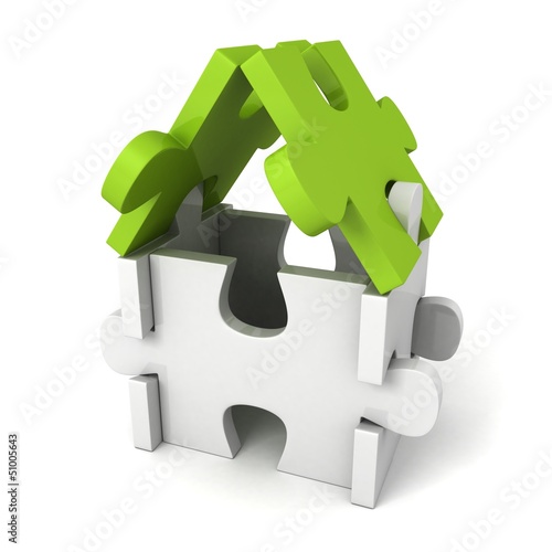 Illustration: concept puzzle house with green roof on white concept puzzle house with green roof on white