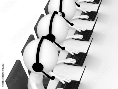 Illustration: Help Desk. 3D little human character in a Call Center. White Bac Help Desk. 3D little human character in a Call Center. White Bac