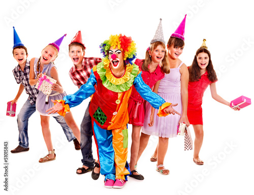 Photo: Birthday party group of teen with clown. Birthday party group of teen with clown.