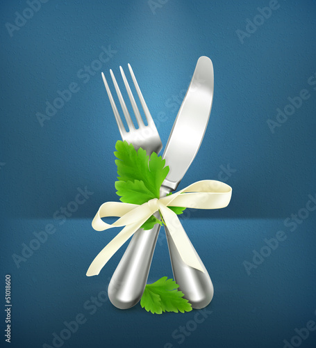 Vector: Table knife and fork with parsley, icon Table knife and fork with parsley, icon