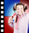 Overjoyed nerd woman at 3D movie premier