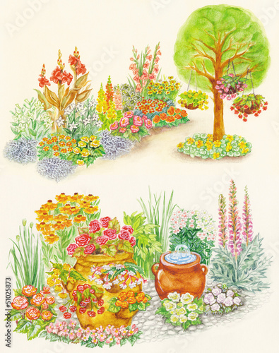 Illustration: garden design and flowered beds with flowerpot garden design and flowered beds with flowerpot