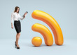 Wifi icon. Businesswoman with Wireless network symbol.