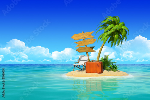 Illustration: Tropical island with chaise lounge, suitcase, wooden signpost, p Tropical island with chaise lounge, suitcase, wooden signpost, p