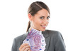 Business Woman holding and showing a lot of five hundred euro ba