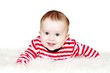 Baby in red striped t-shirt on white background