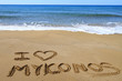 I Love Mykonos written on sandy beach