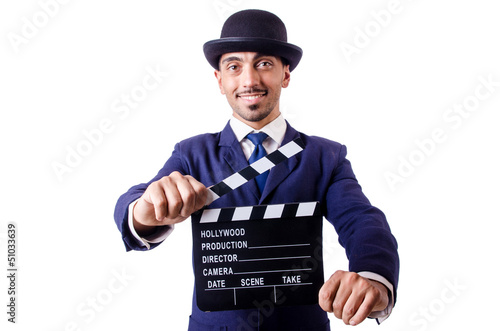 Photo: Man with movie clapper isolated on white Man with movie clapper isolated on white