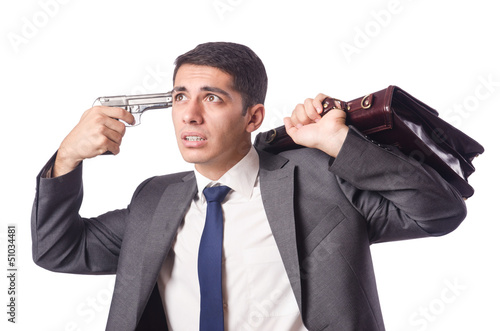 Photo: Businessman thinking of suicide on white Businessman thinking of suicide on white