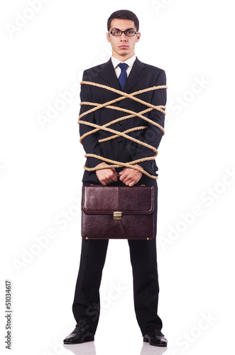 Photo: Businessman tied up with rope on white Businessman tied up with rope on white